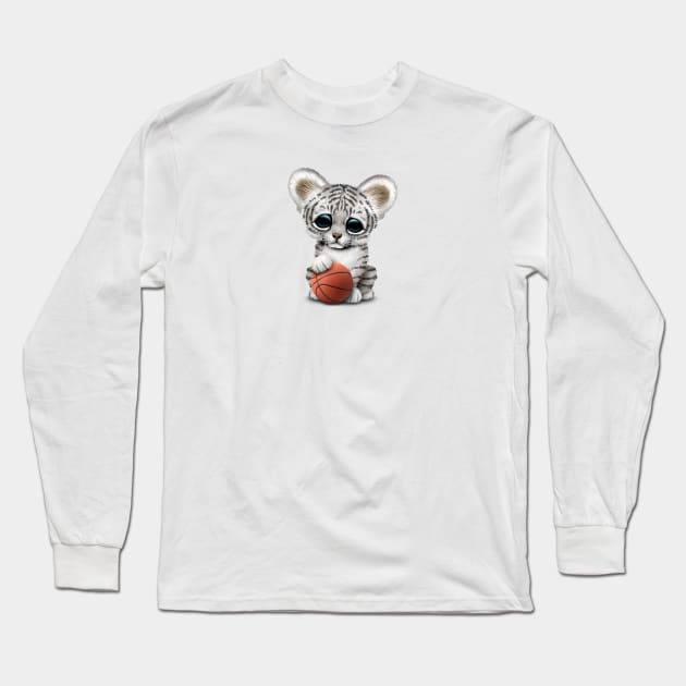 White Tiger Cub Playing With Basketball Long Sleeve T-Shirt by jeffbartels